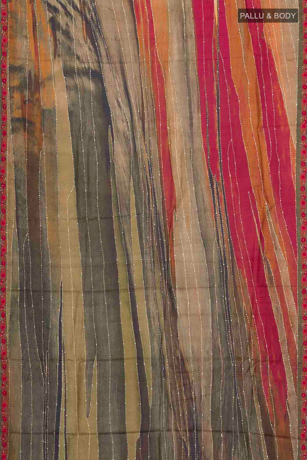 Flat view of Multi Color Tussar Silk Saree with Embroidery on the body and Embroidery Border