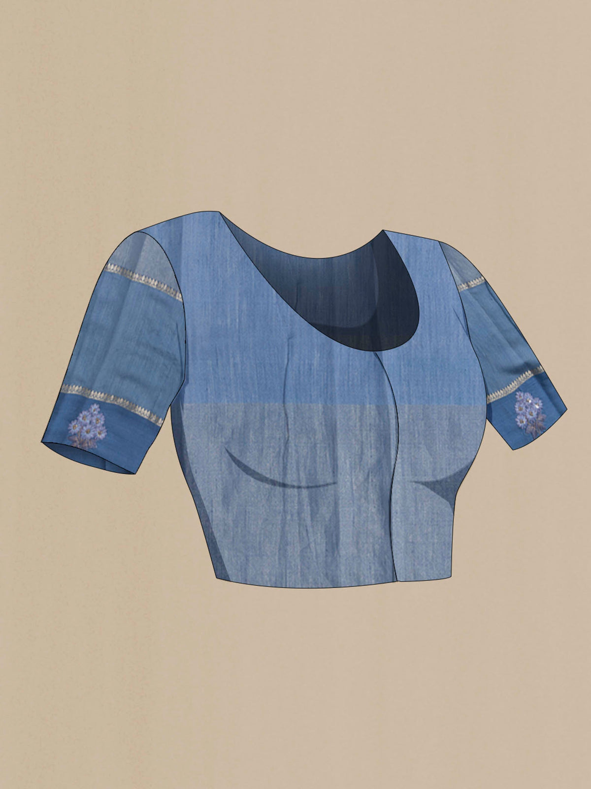 Close up image of the blouse of Blue Tussar Silk Saree with Stripes on the body and Zari Border