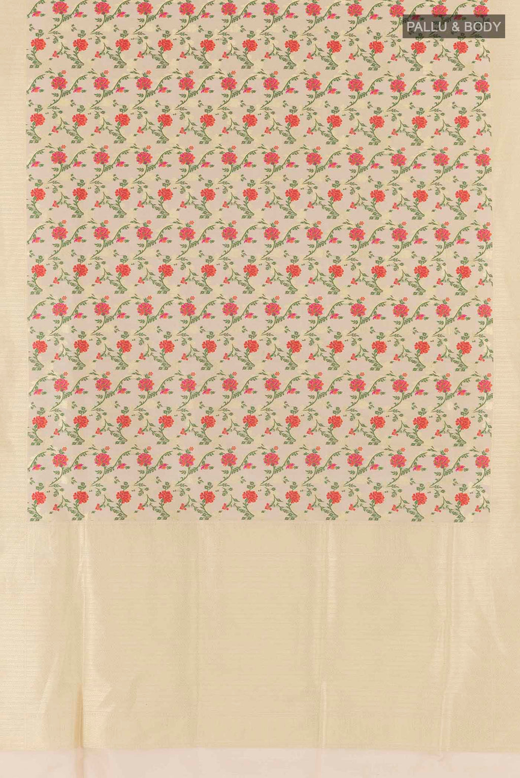 Flat view of Off White Banarasi Silk Saree with Jacquard With Zari Butta on the body and Zari Border