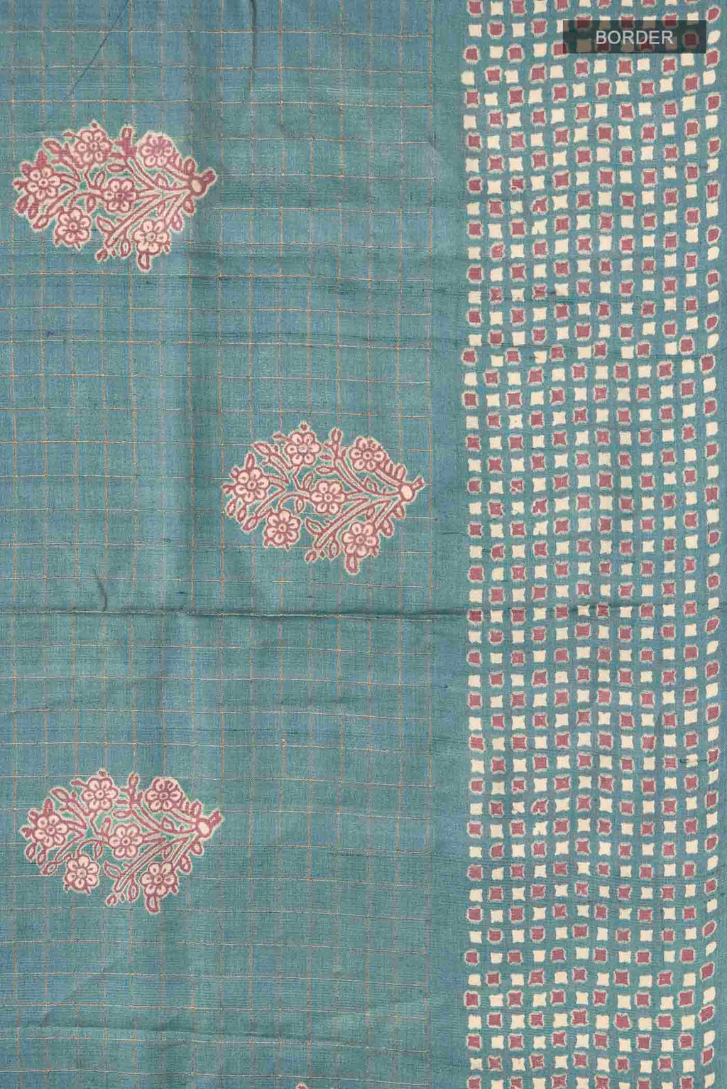 Border image of Blue Tussar Silk Saree with Checked design on the body and Printed Border