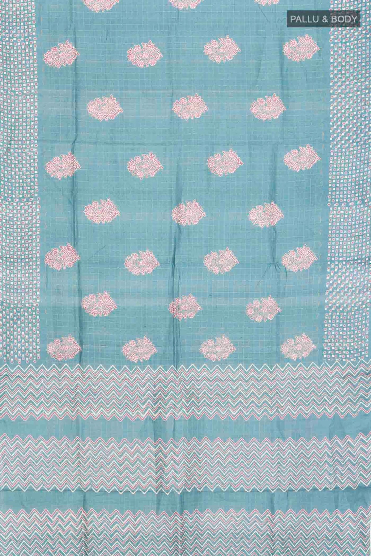 Flat view of Blue Tussar Silk Saree with Checked design on the body and Printed Border