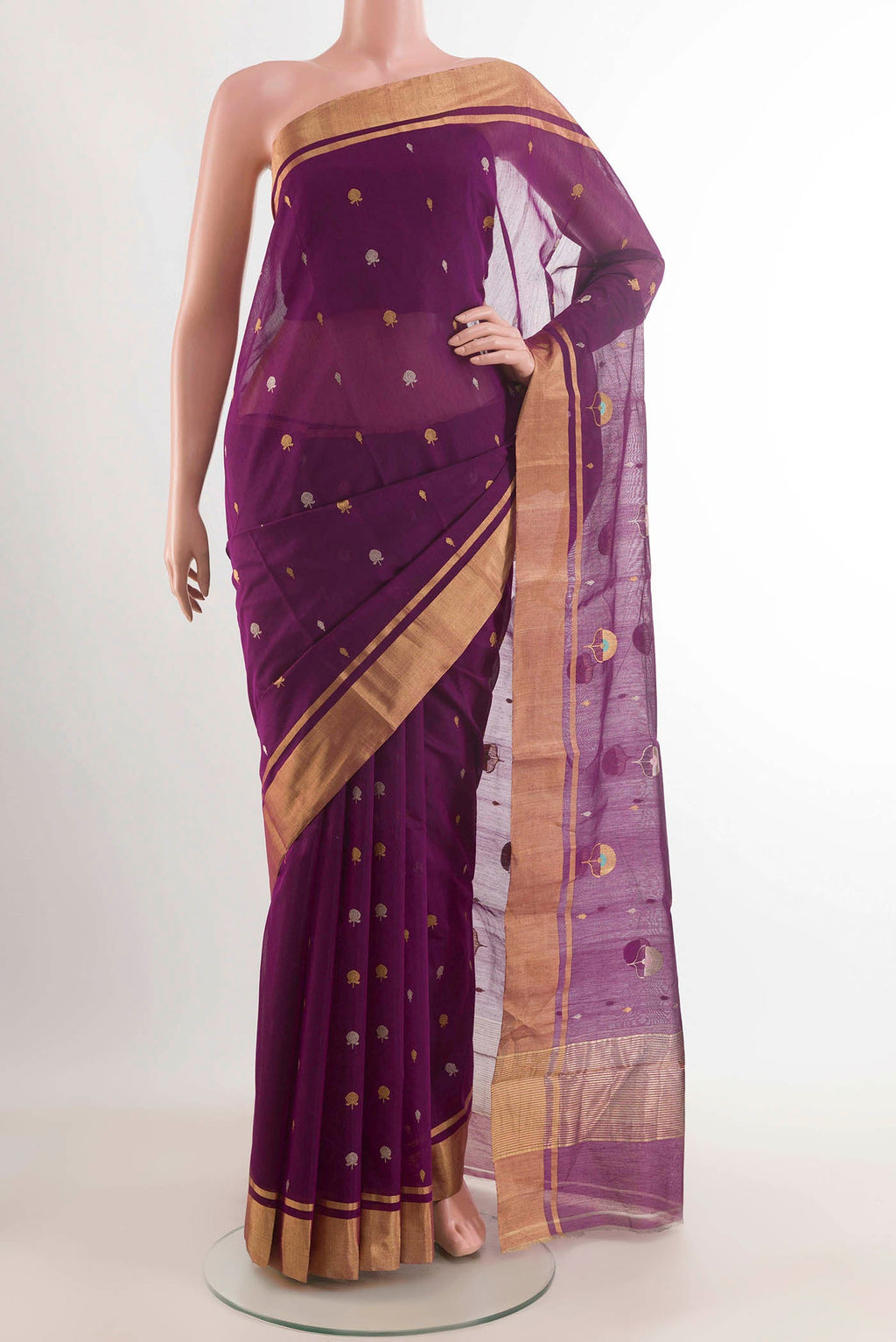 Purple Chanderi Silk Cotton Saree with Zari Butta on the body and Zari Border displayed on a mannequin