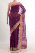 Purple Chanderi Silk Cotton Saree with Zari Butta on the body and Zari Border displayed on a mannequin