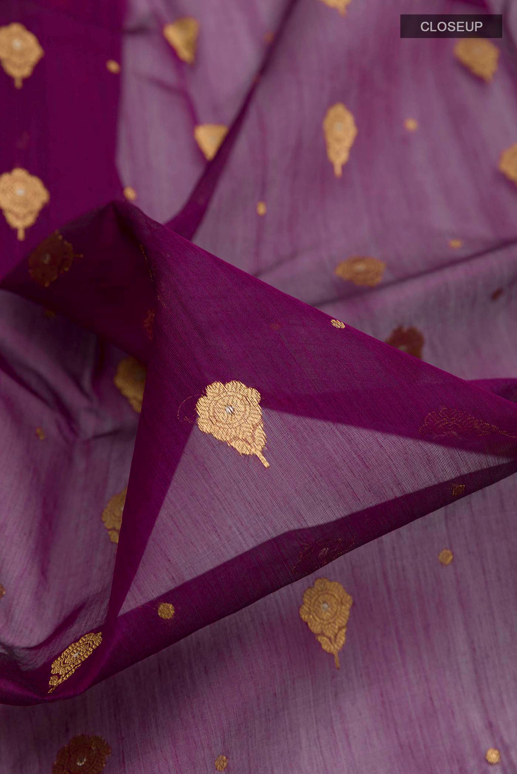 Close up of Purple Chanderi Silk Saree with Zari Butta on the body and Zari Border displaying folds