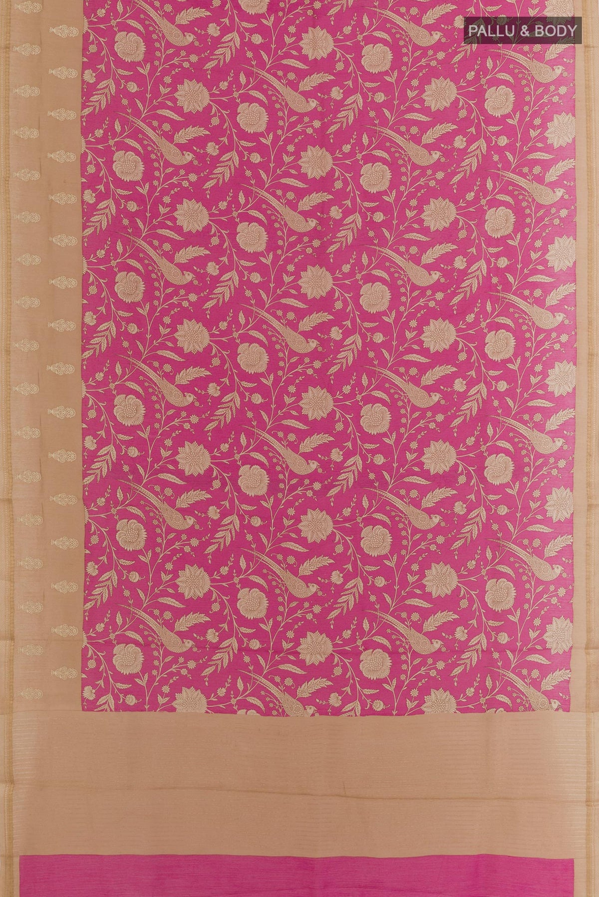 Flat view of Rani Pink Tussar Silk Saree with Printed design on the body and Zari Border. 