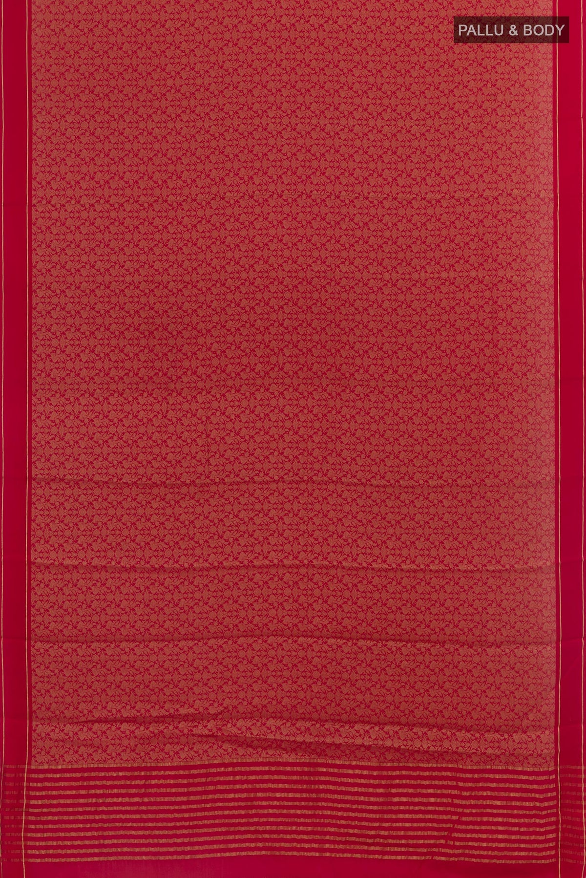 Flat view of Red Mysore Crepe Saree with Zari Brocade on the body and Zari Border. 