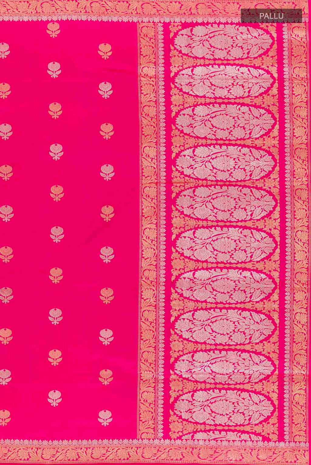Close up image of the pallu of Pink Banarasi Silk Saree with Zari Butta on the body and Zari Border