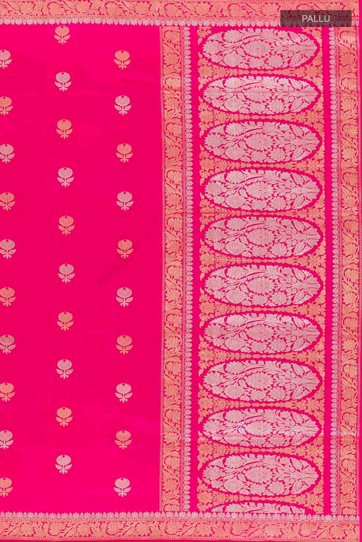 Close up image of the pallu of Pink Banarasi Silk Saree with Zari Butta on the body and Zari Border