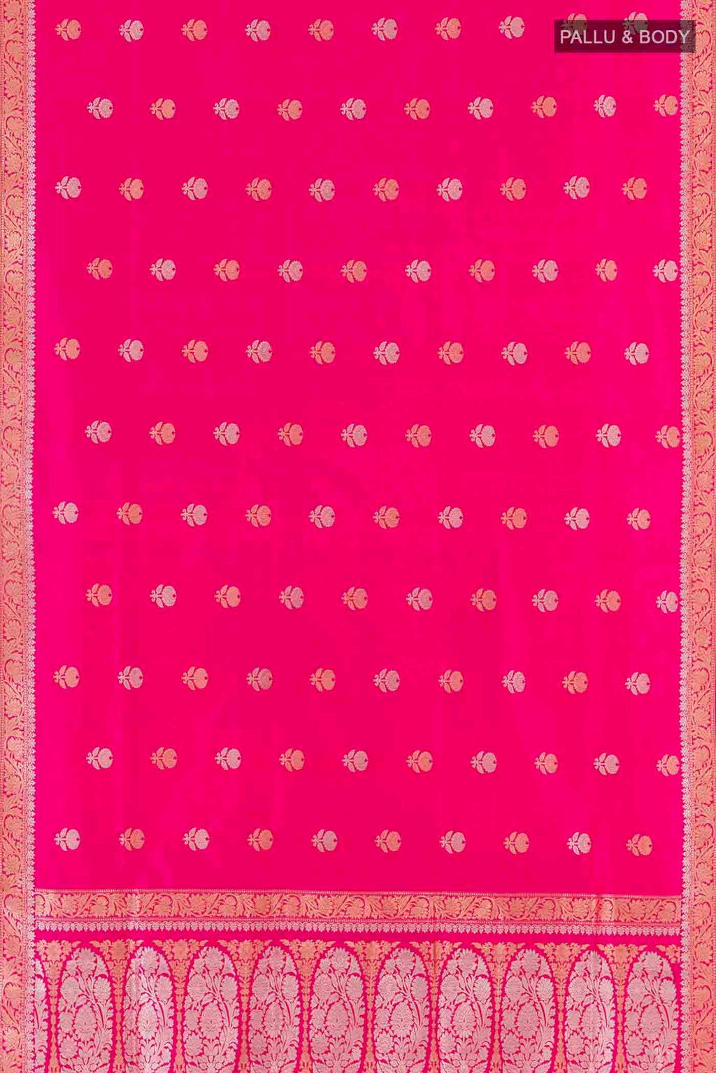 Flat view of Pink Banarasi Silk Saree with Zari Butta on the body and Zari Border