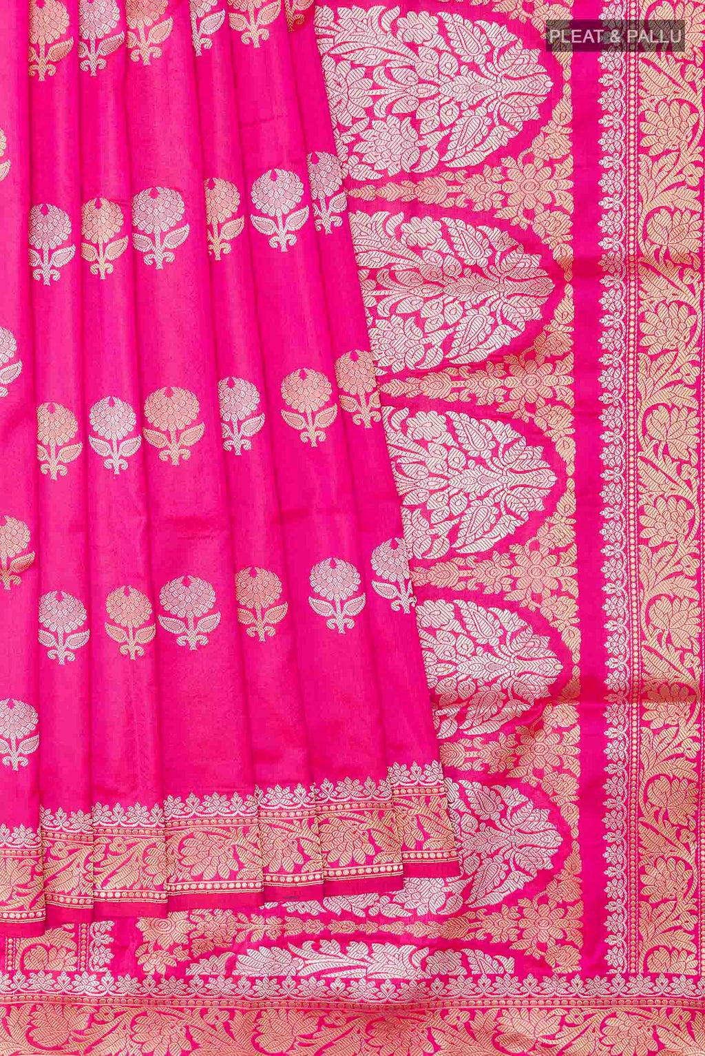 Pleats and pallu of Pink Banarasi Silk Saree with Zari Butta on the body and Zari Border