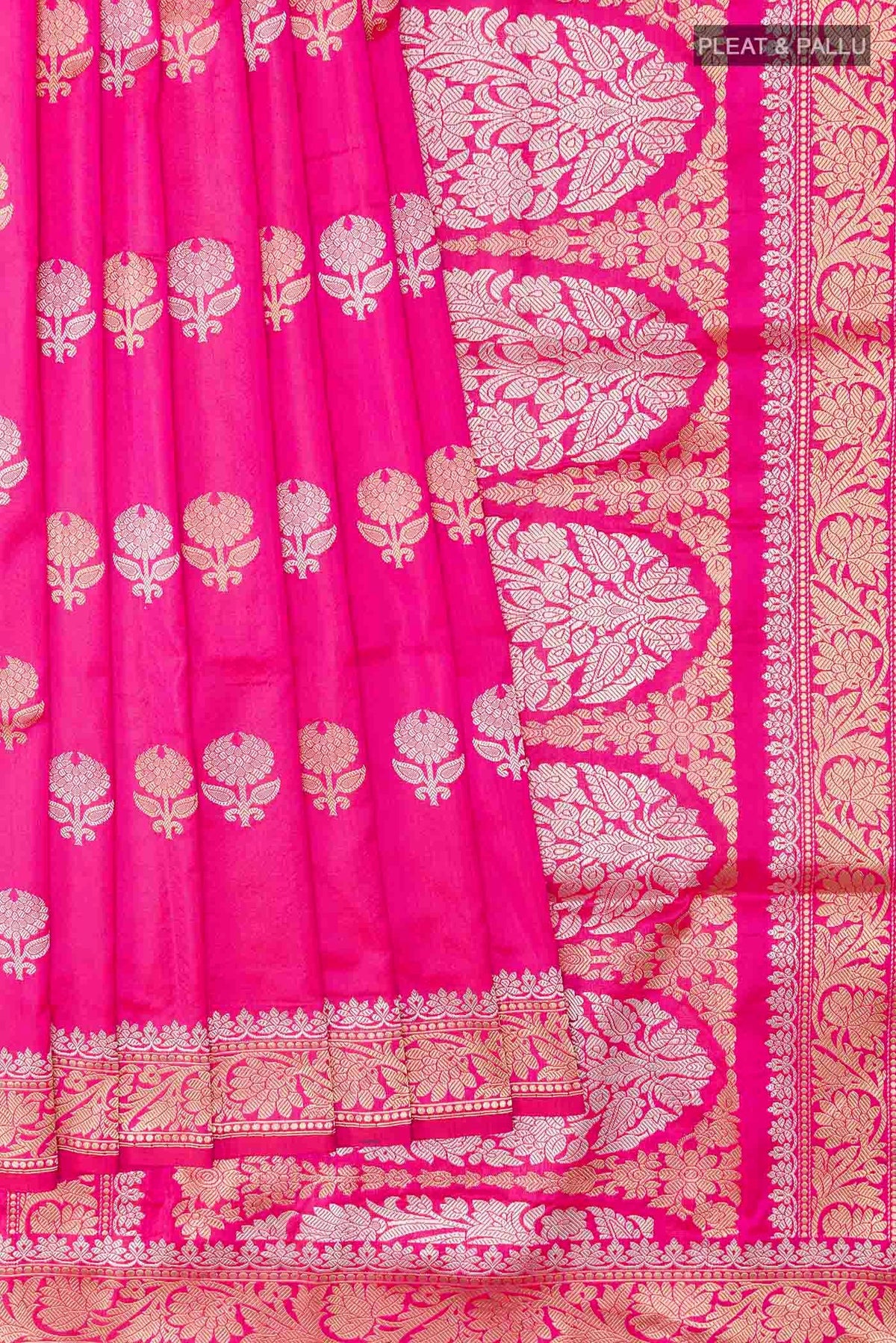 Pleats and pallu of Pink Banarasi Silk Saree with Zari Butta on the body and Zari Border