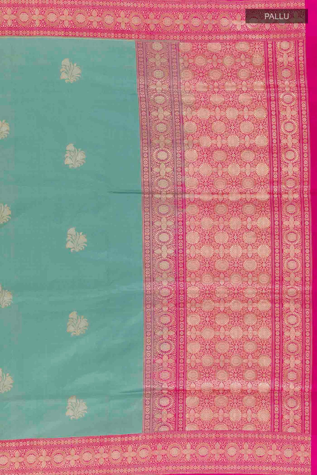 Close up image of the pallu of Blue Grey Banarasi Silk Saree with Zari Butta on the body and Zari Border