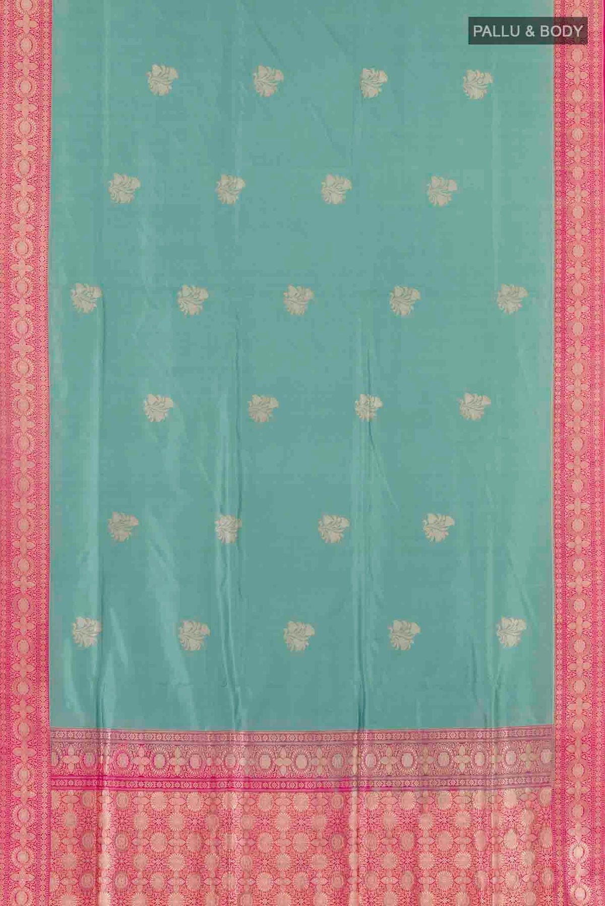 Flat view of Blue Grey Banarasi Silk Saree with Zari Butta on the body and Zari Border
