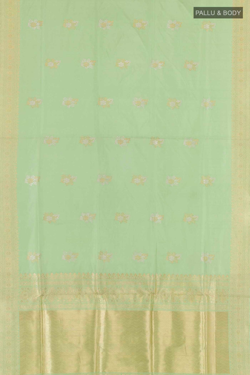 Flat view of Green Banarasi Silk Saree with Zari Butta on the body and Zari Border