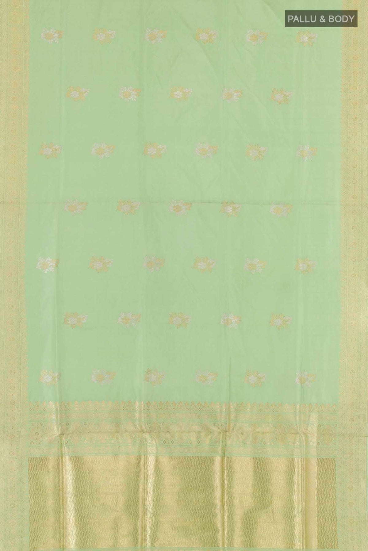 Flat view of Green Banarasi Silk Saree with Zari Butta on the body and Zari Border