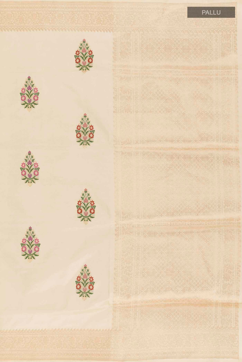 Close up image of the pallu of Cream Banarasi Silk Saree with Zari Butta on the body and Zari Border