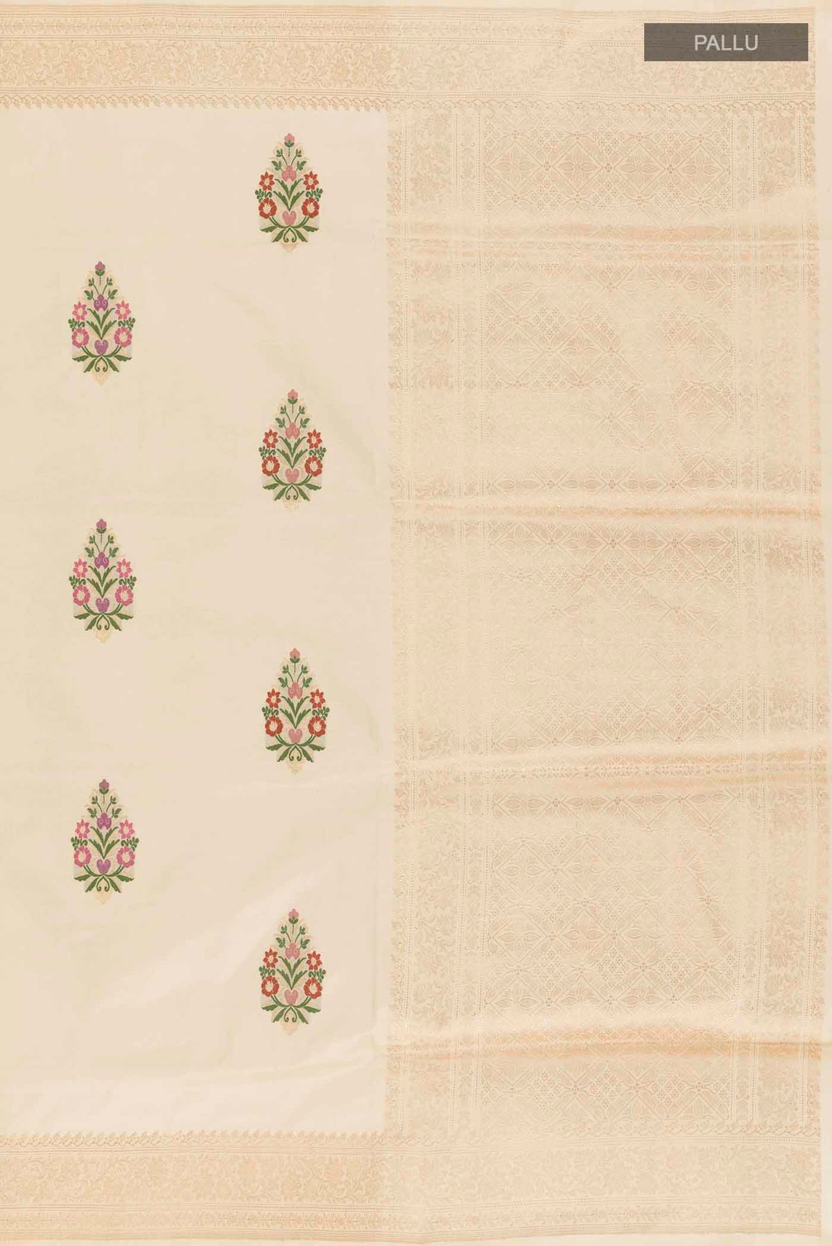 Close up image of the pallu of Cream Banarasi Silk Saree with Zari Butta on the body and Zari Border