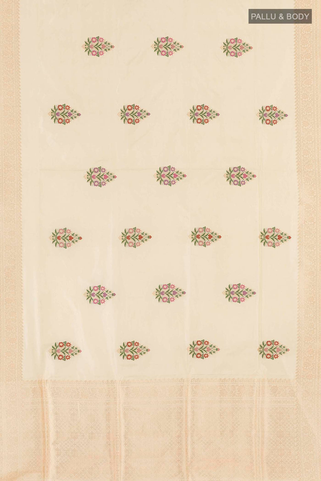 Flat view of Cream Banarasi Silk Saree with Zari Butta on the body and Zari Border