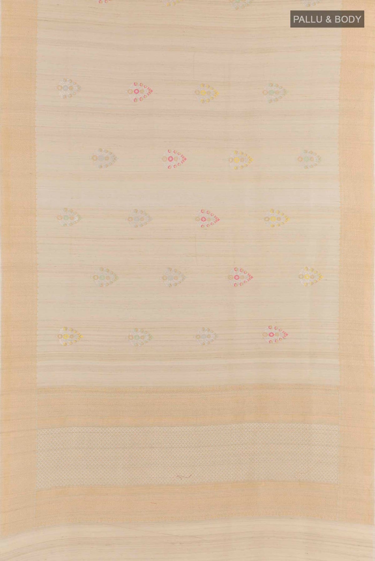 Flat view of Cream Tussar Saree with Zari Butta on the body and Zari Border