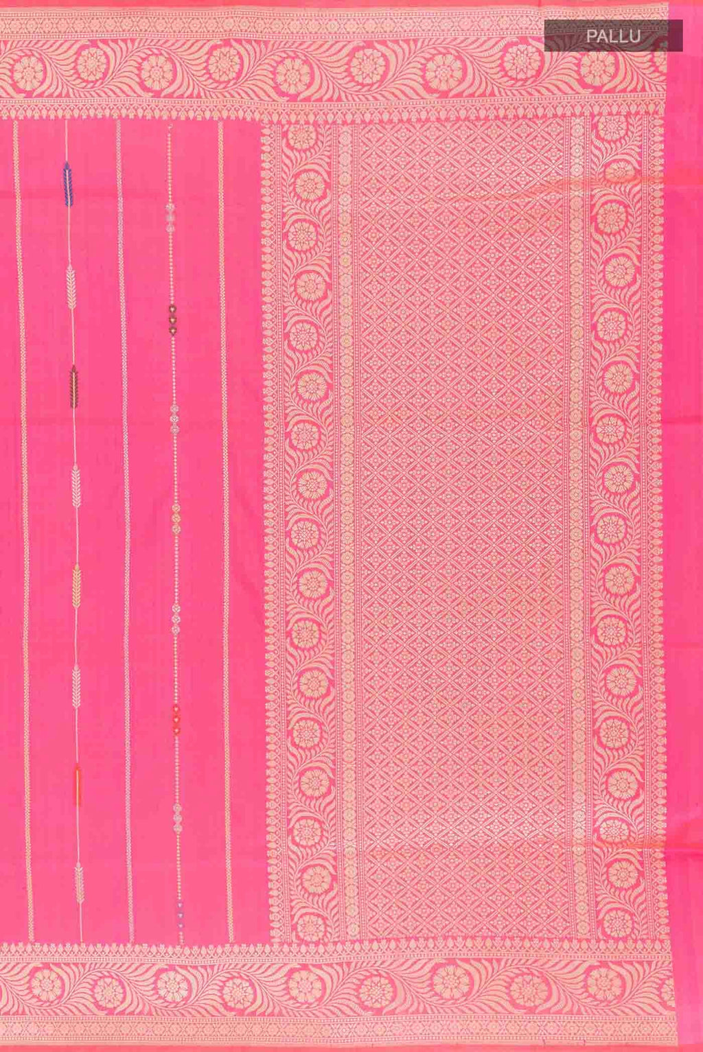 Close up image of the pallu of Pink Banarasi Silk Saree with Stripes on the body and Zari Border