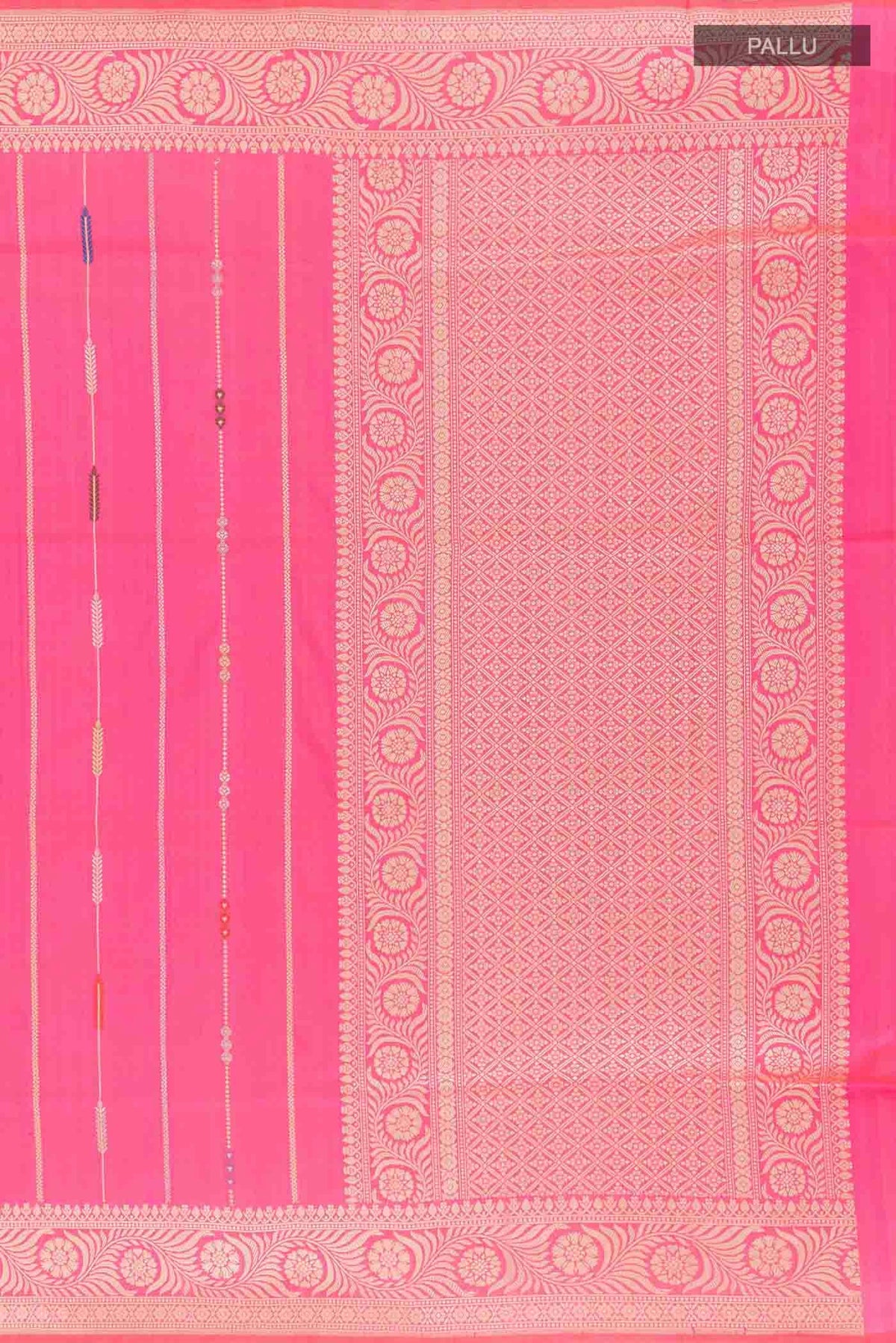 Close up image of the pallu of Pink Banarasi Silk Saree with Stripes on the body and Zari Border