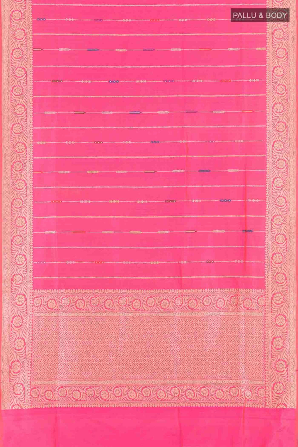 Flat view of Pink Banarasi Silk Saree with Stripes on the body and Zari Border
