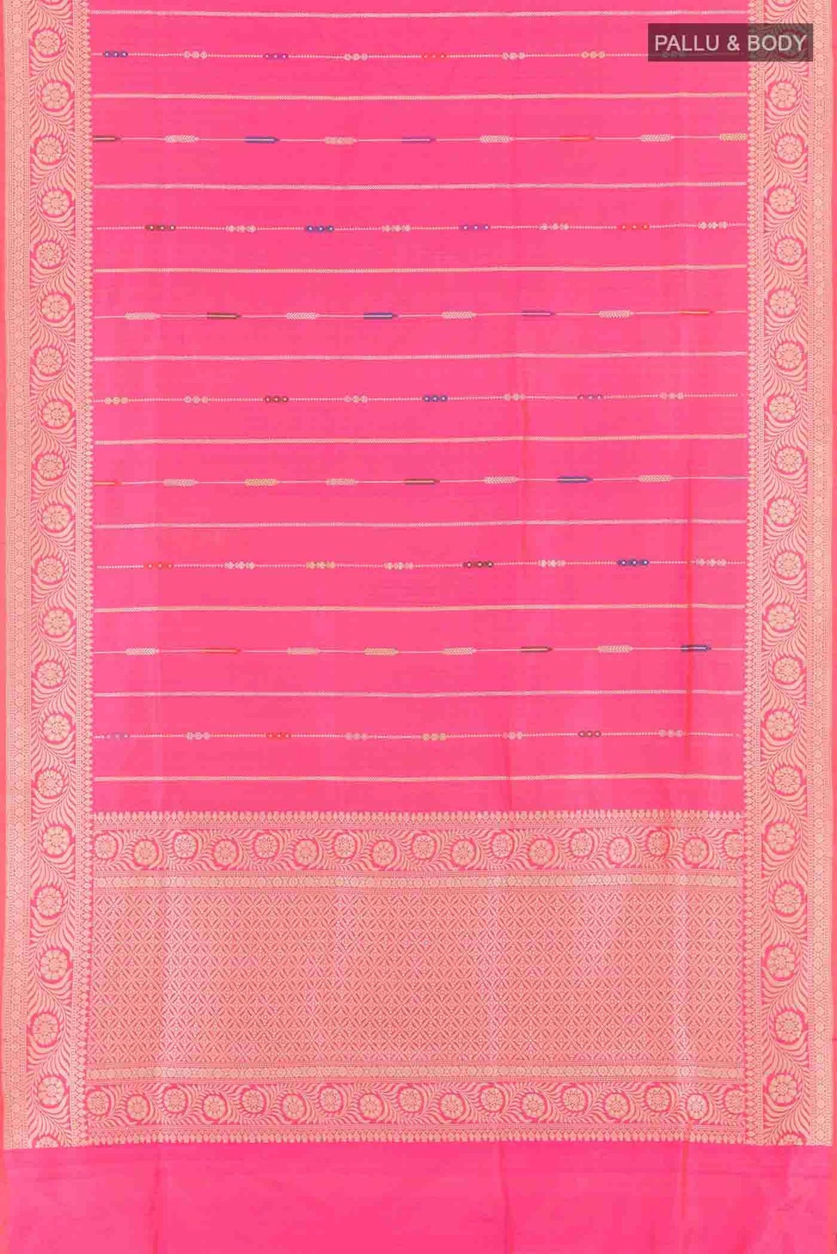 Flat view of Pink Banarasi Silk Saree with Stripes on the body and Zari Border