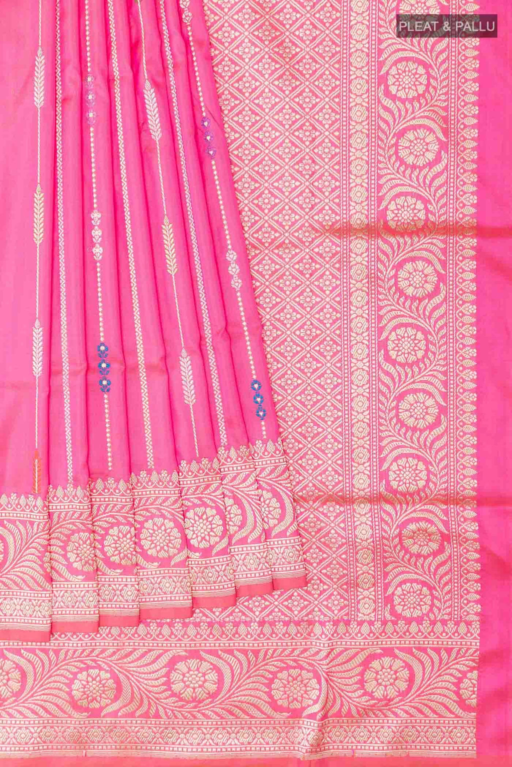 Pleats and pallu of Pink Banarasi Silk Saree with Stripes on the body and Zari Border