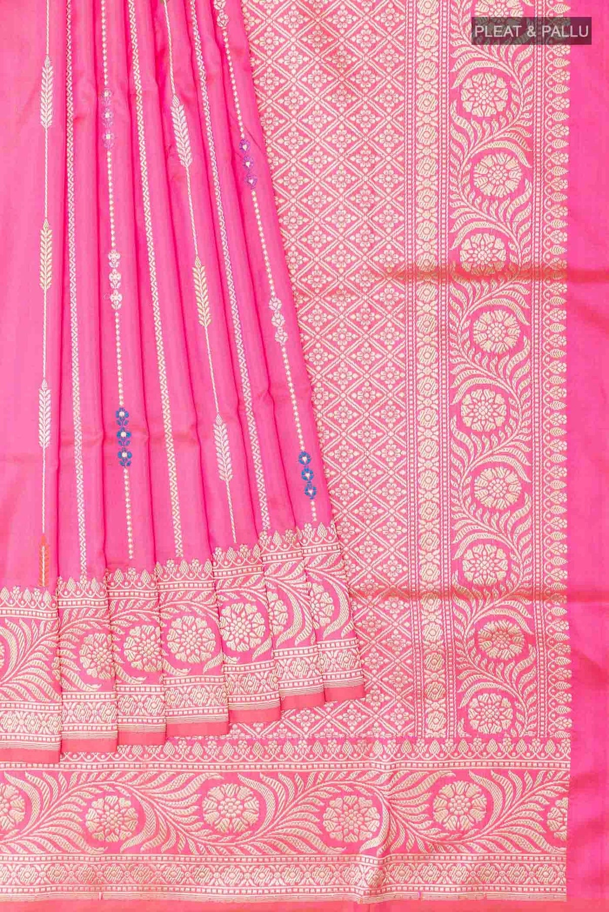 Pleats and pallu of Pink Banarasi Silk Saree with Stripes on the body and Zari Border