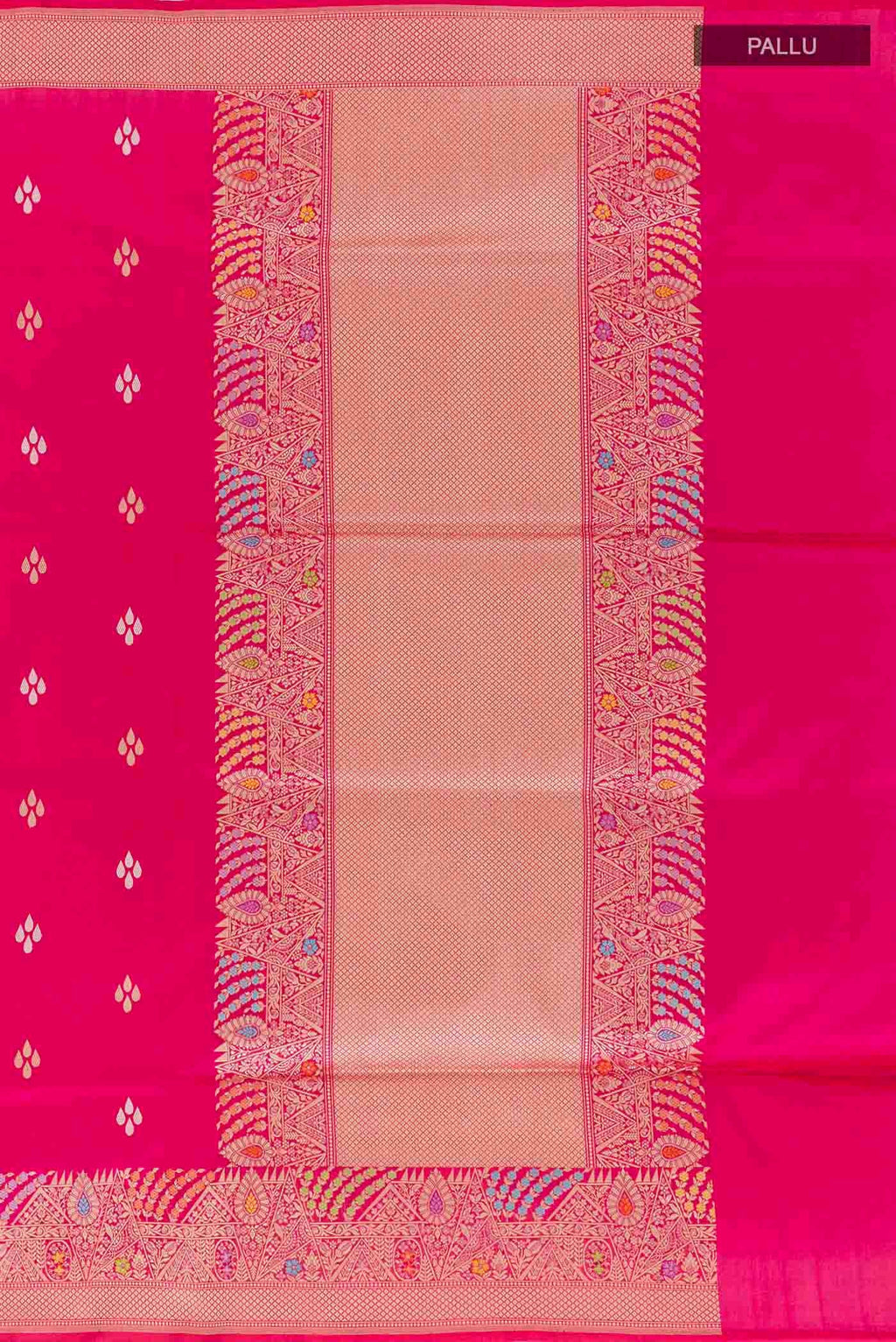Close up image of the pallu of Pink Banarasi Silk Saree with Zari Butta on the body and Zari Border