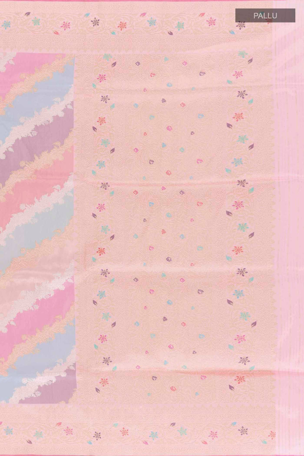 Close up image of the pallu of Multi Color Banarasi Silk Saree with Zari Brocade on the body and Zari Border