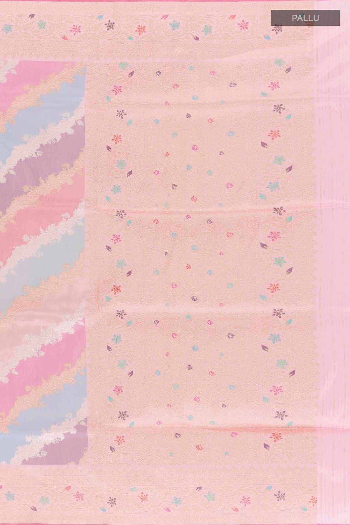 Close up image of the pallu of Multi Color Banarasi Silk Saree with Zari Brocade on the body and Zari Border