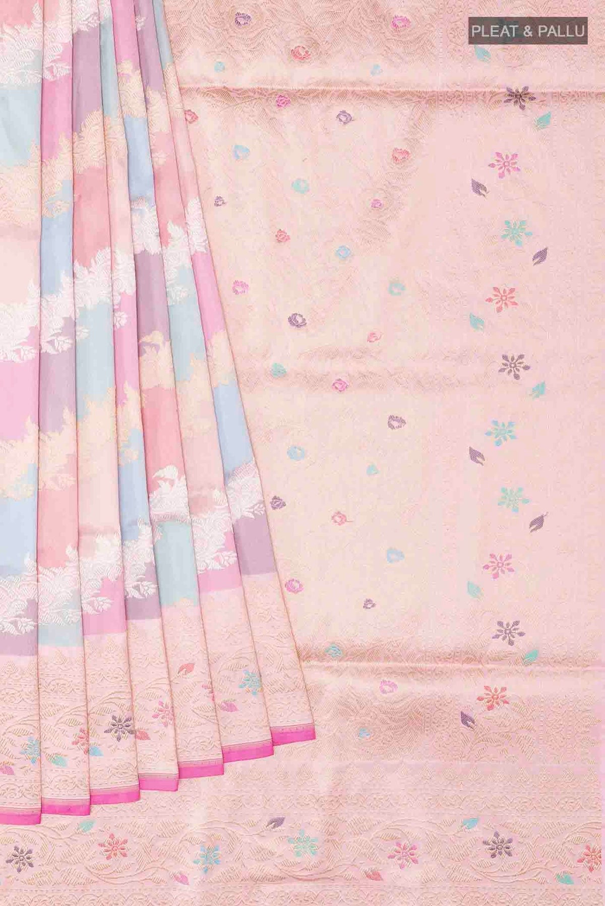 Pleats and pallu of Multi Color Banarasi Silk Saree with Zari Brocade on the body and Zari Border