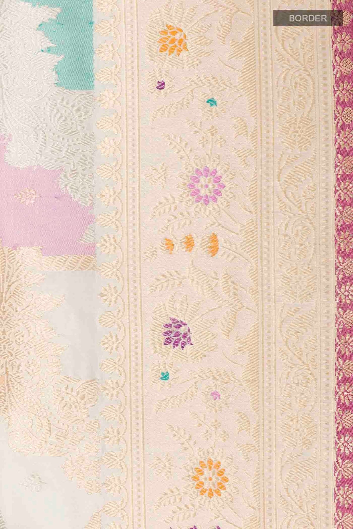 Border image of Off White Banarasi Silk Saree with Zari Brocade on the body and Zari Border