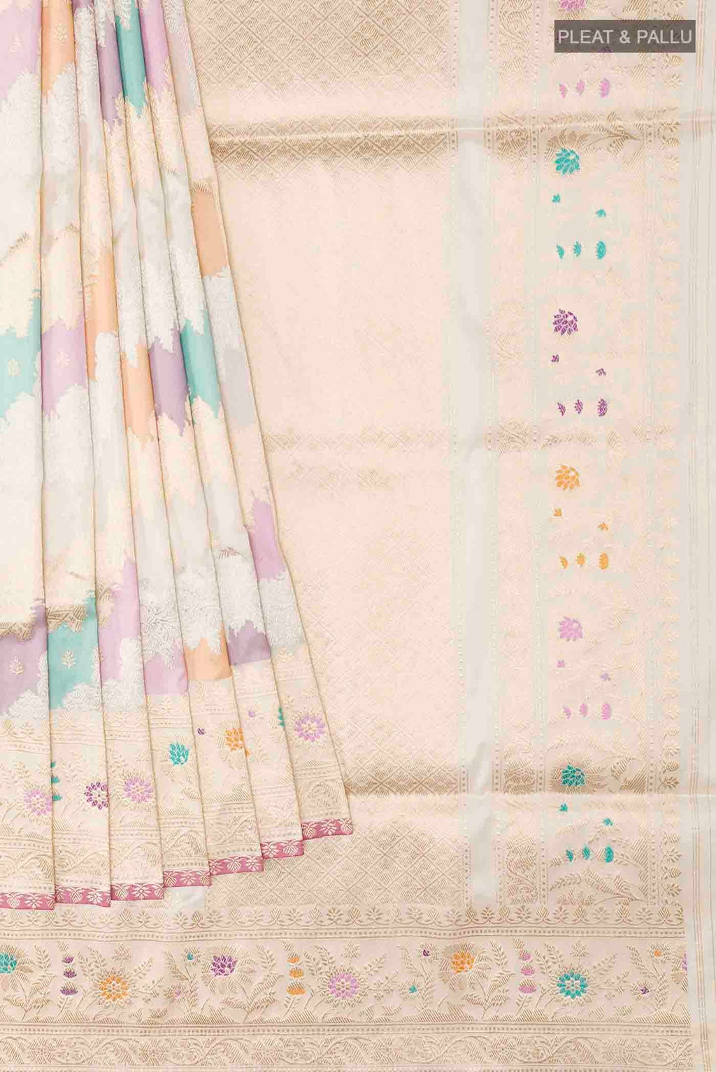 Pleats and pallu of Off White Banarasi Silk Saree with Zari Brocade on the body and Zari Border
