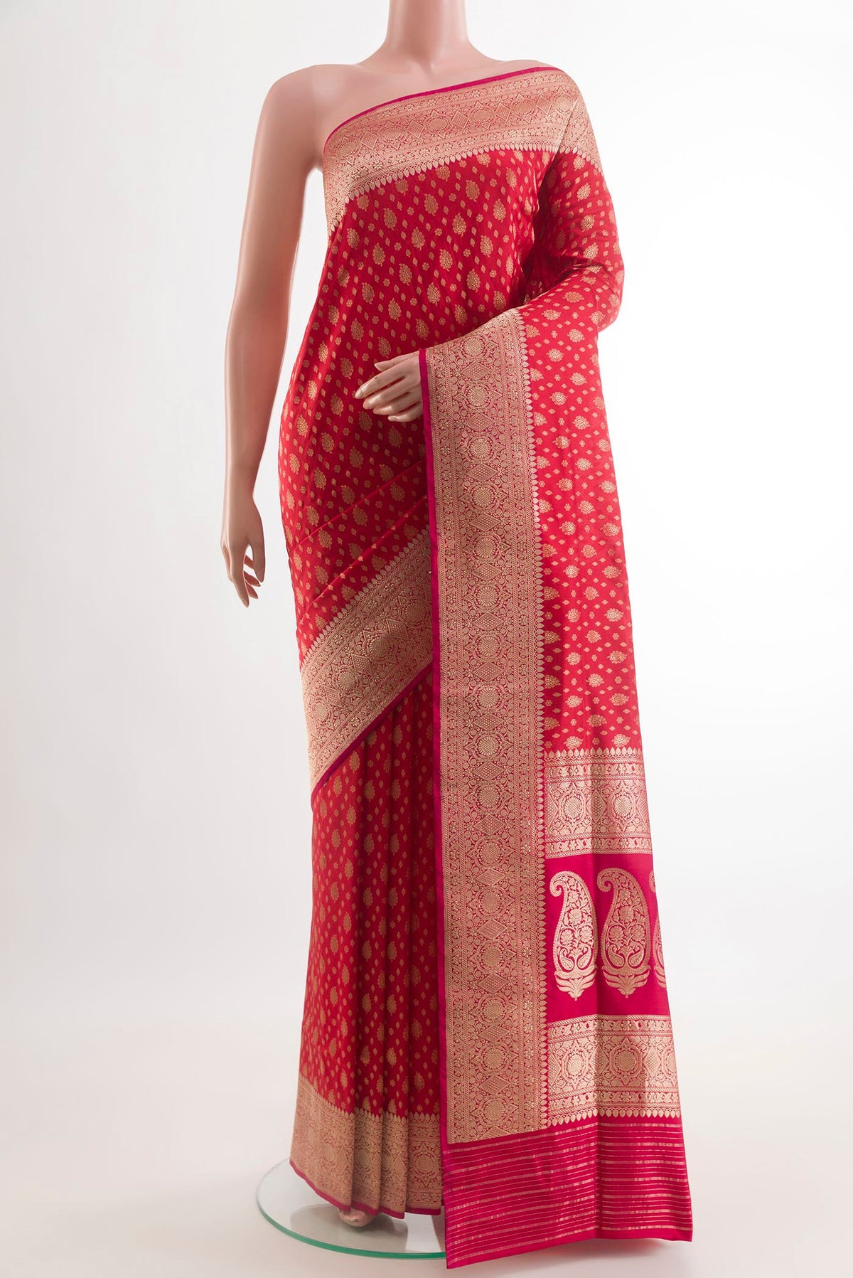 Red Banarasi Silk Saree with Zari Brocade on the body and Zari Border.  displayed on a mannequin