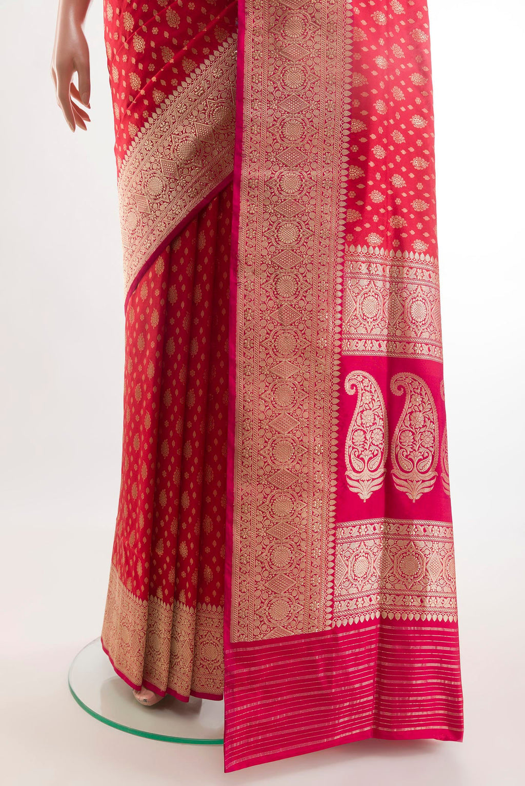 Pleats and pallu of Red Banarasi Silk Saree with Zari Brocade on the body and Zari Border. 