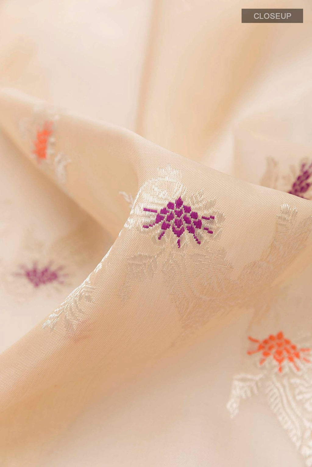 Close up of Cream Banarasi Kora Silk Saree with Zari Brocade on the body and Zari Border displaying folds