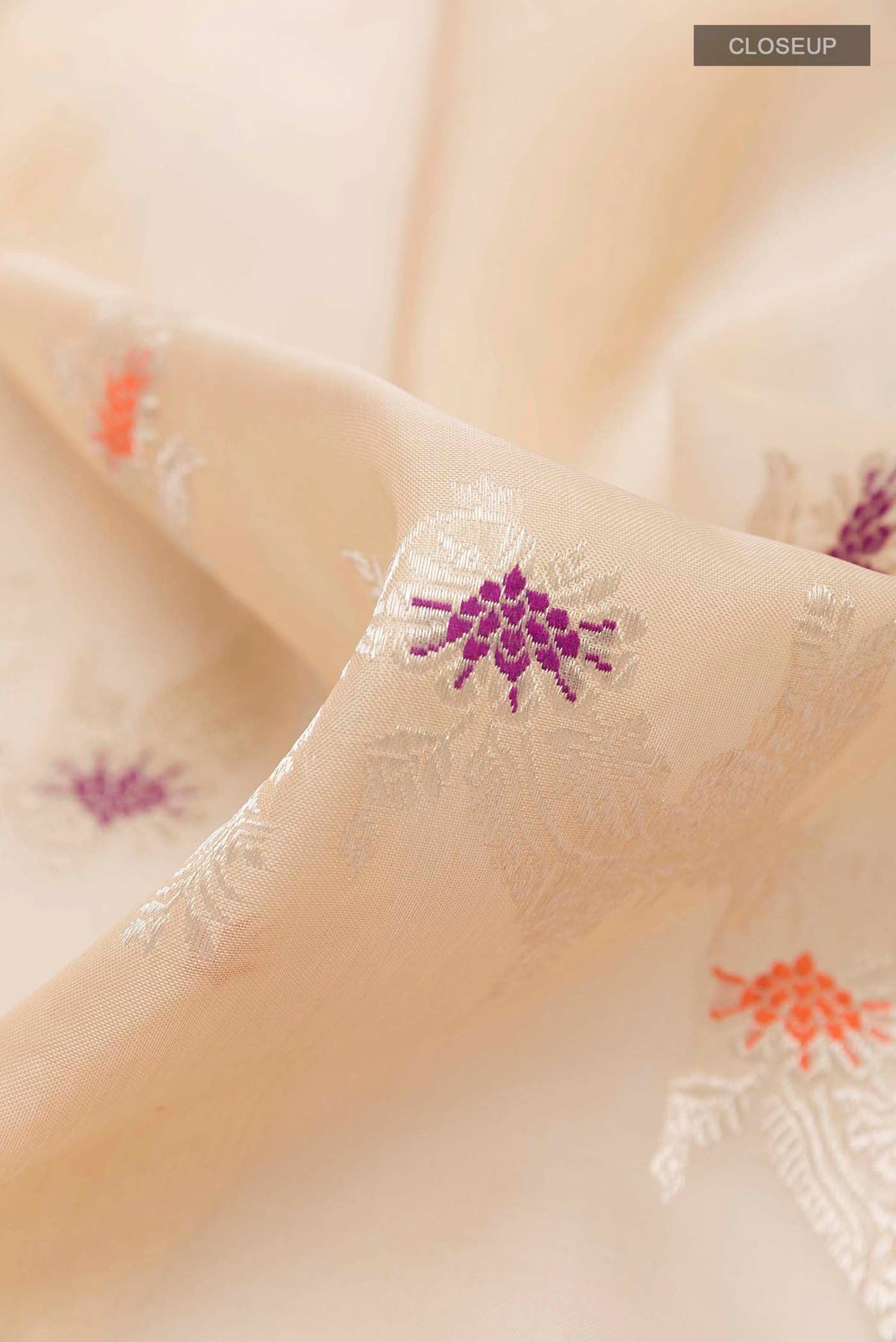 Close up of Cream Banarasi Kora Silk Saree with Zari Brocade on the body and Zari Border displaying folds