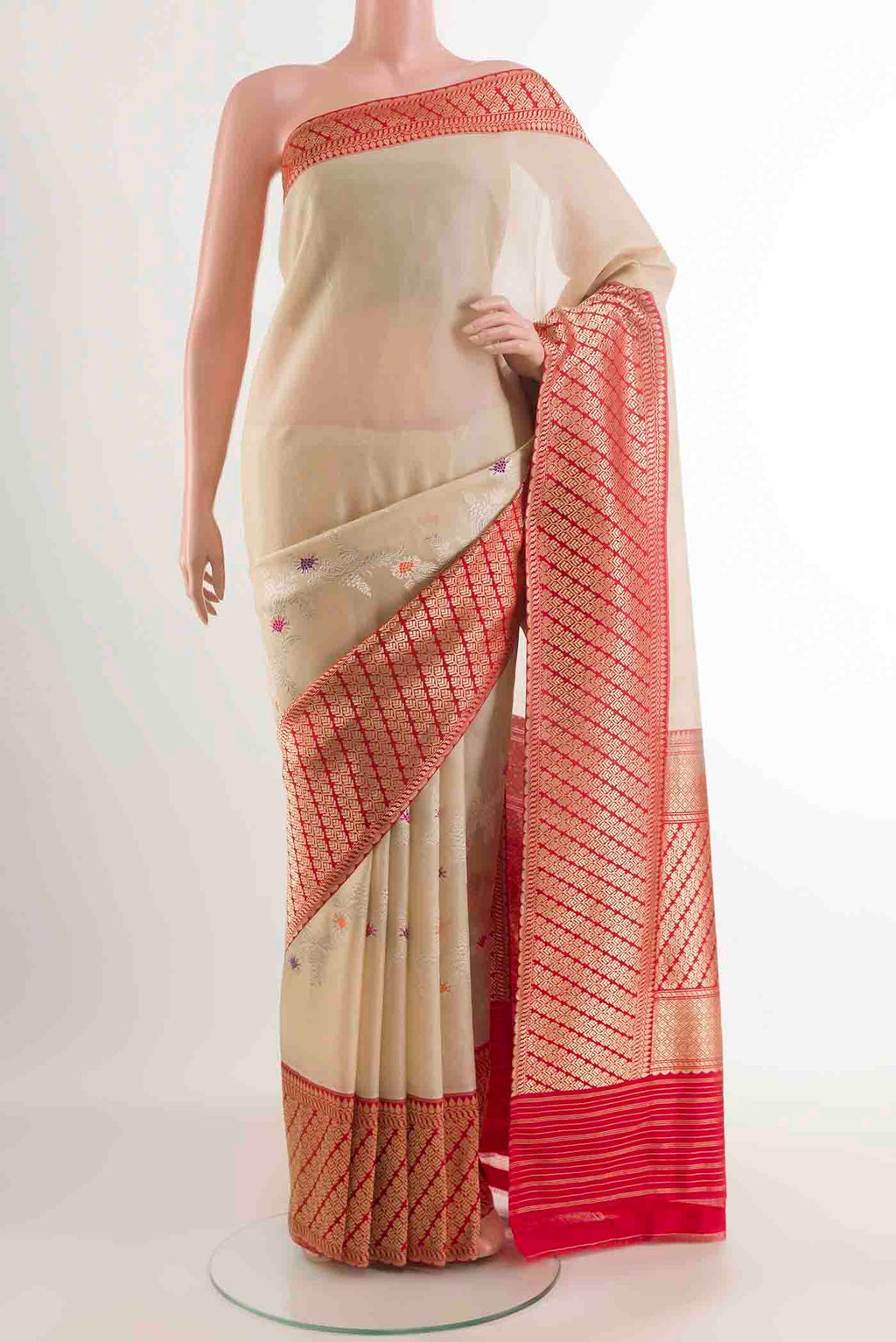 Cream Banarasi Kora Silk Saree with Zari Brocade on the body and Zari Border displayed on a mannequin