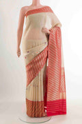 Cream Banarasi Kora Silk Saree with Zari Brocade on the body and Zari Border displayed on a mannequin