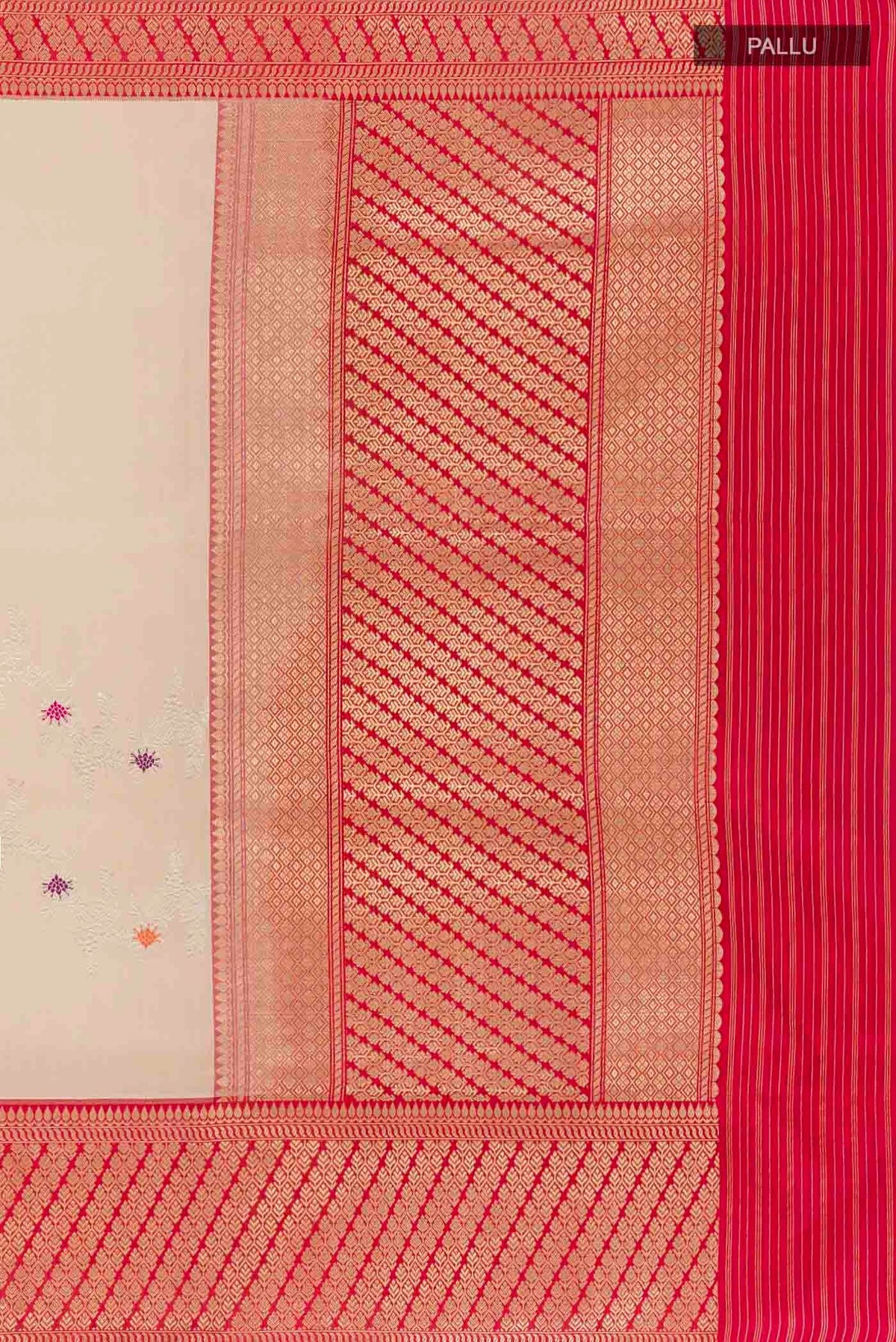 Close up image of the pallu of Cream Banarasi Kora Silk Saree with Zari Brocade on the body and Zari Border