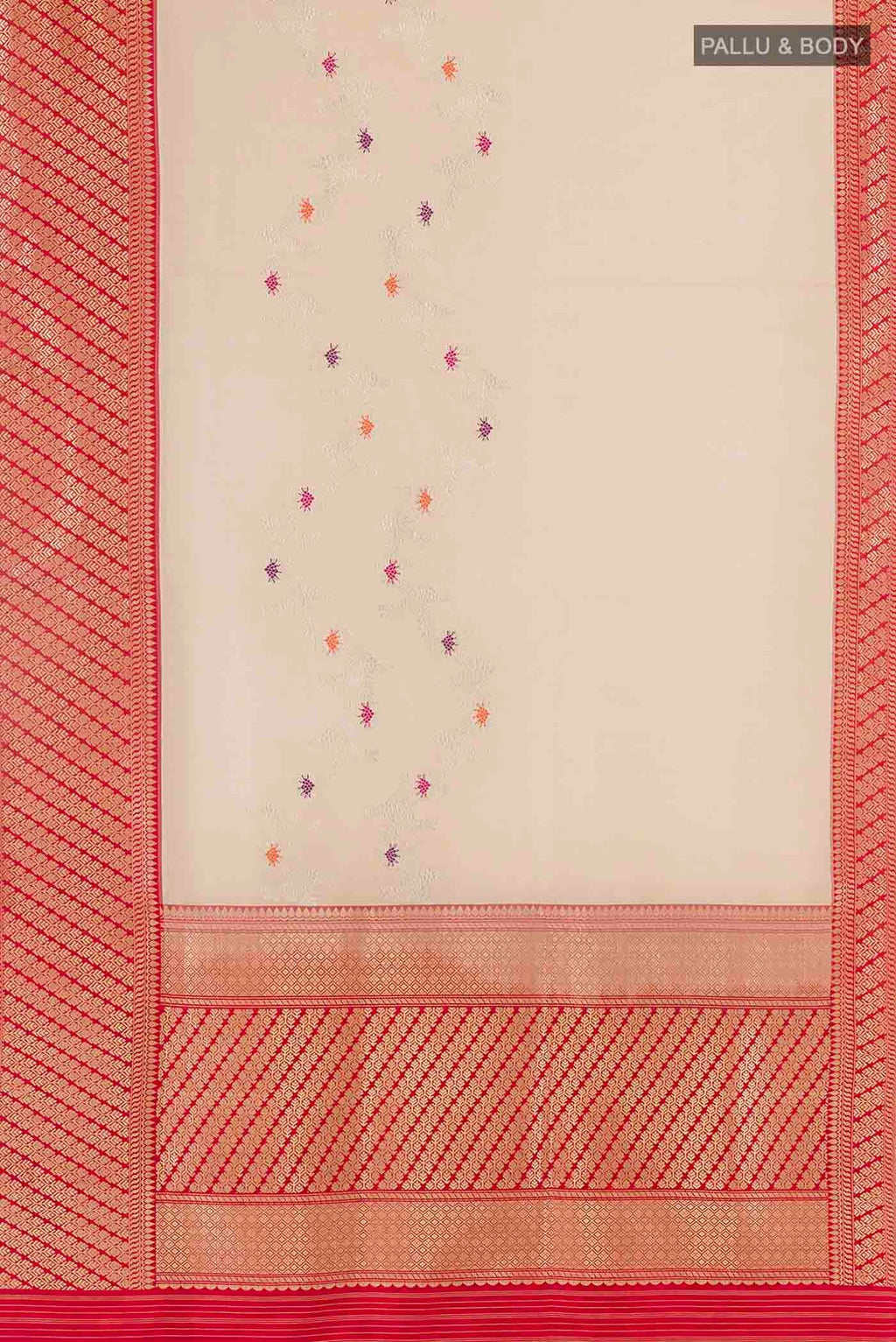 Flat view of Cream Banarasi Kora Silk Saree with Zari Brocade on the body and Zari Border