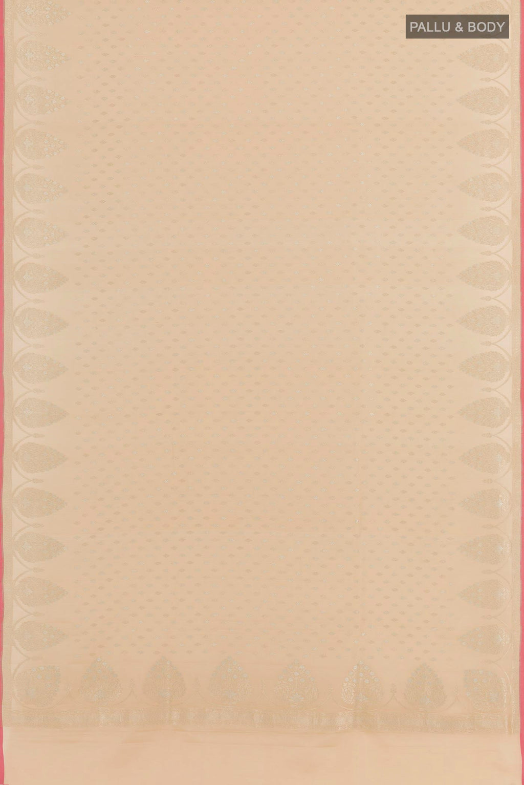 Flat view of Beige Banarasi Katan Silk Saree with Zari Butta on the body and Zari Border. 