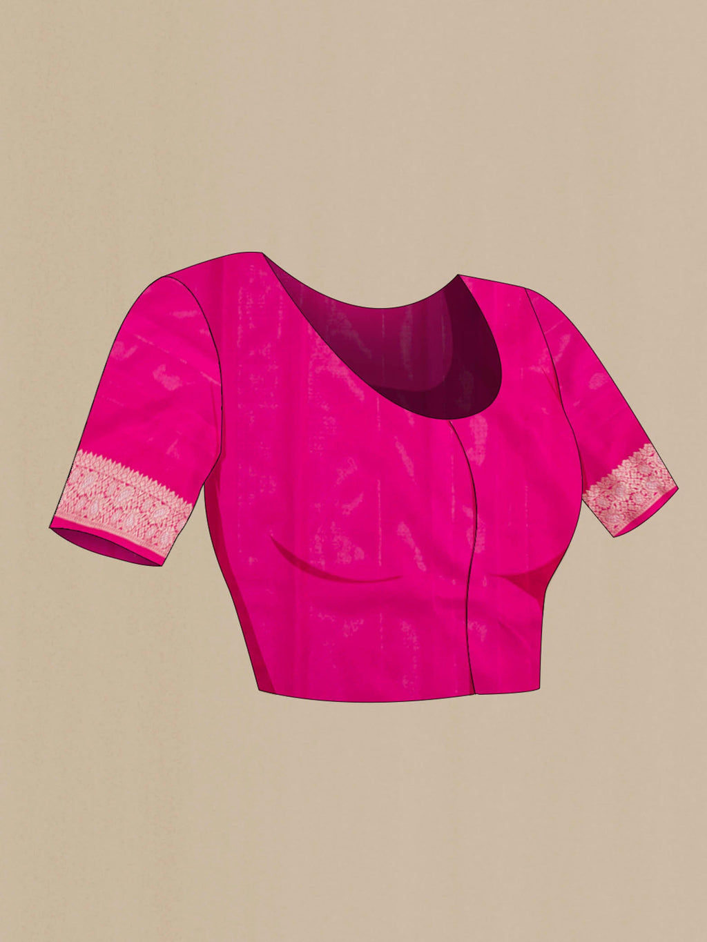 Close up image of the blouse of Pink Banarasi Silk Saree with Zari Butta on the body and Zari Border