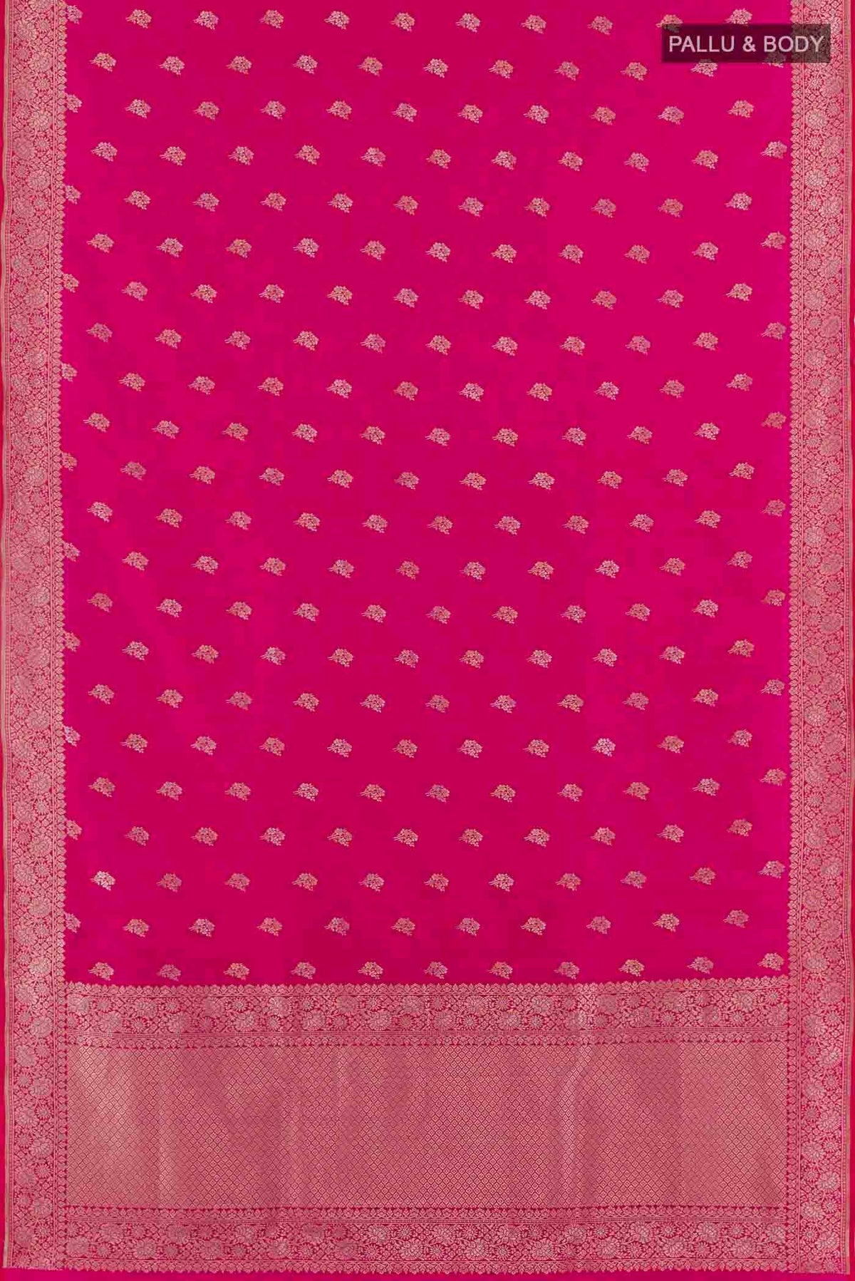 Flat view of Pink Banarasi Silk Saree with Zari Butta on the body and Zari Border