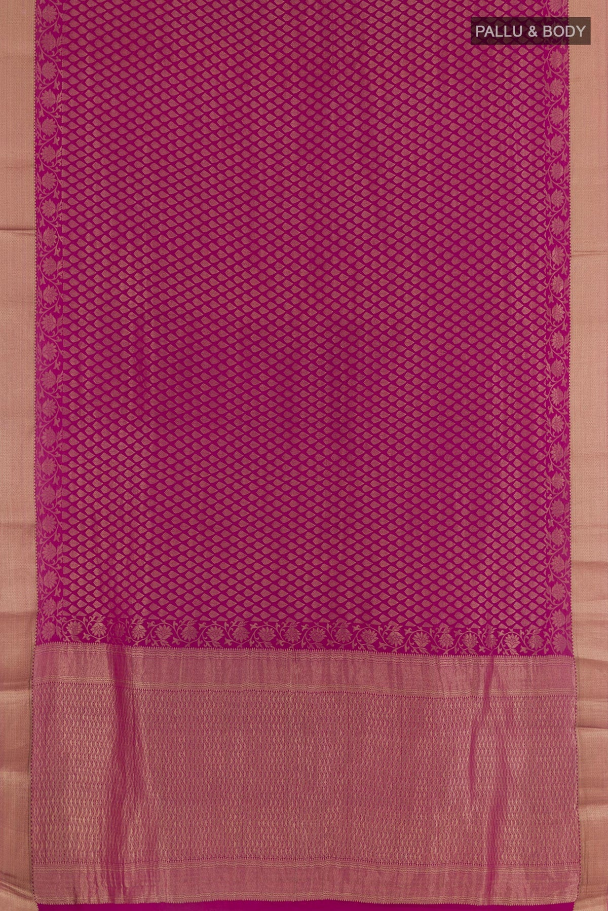 Flat view of Magenta Mysore Crepe Saree with Zari Brocade on the body and Zari Border. 