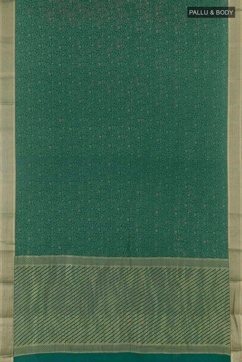 Flat view of Green Mysore Crepe Saree with Zari Brocade on the body and Zari Border