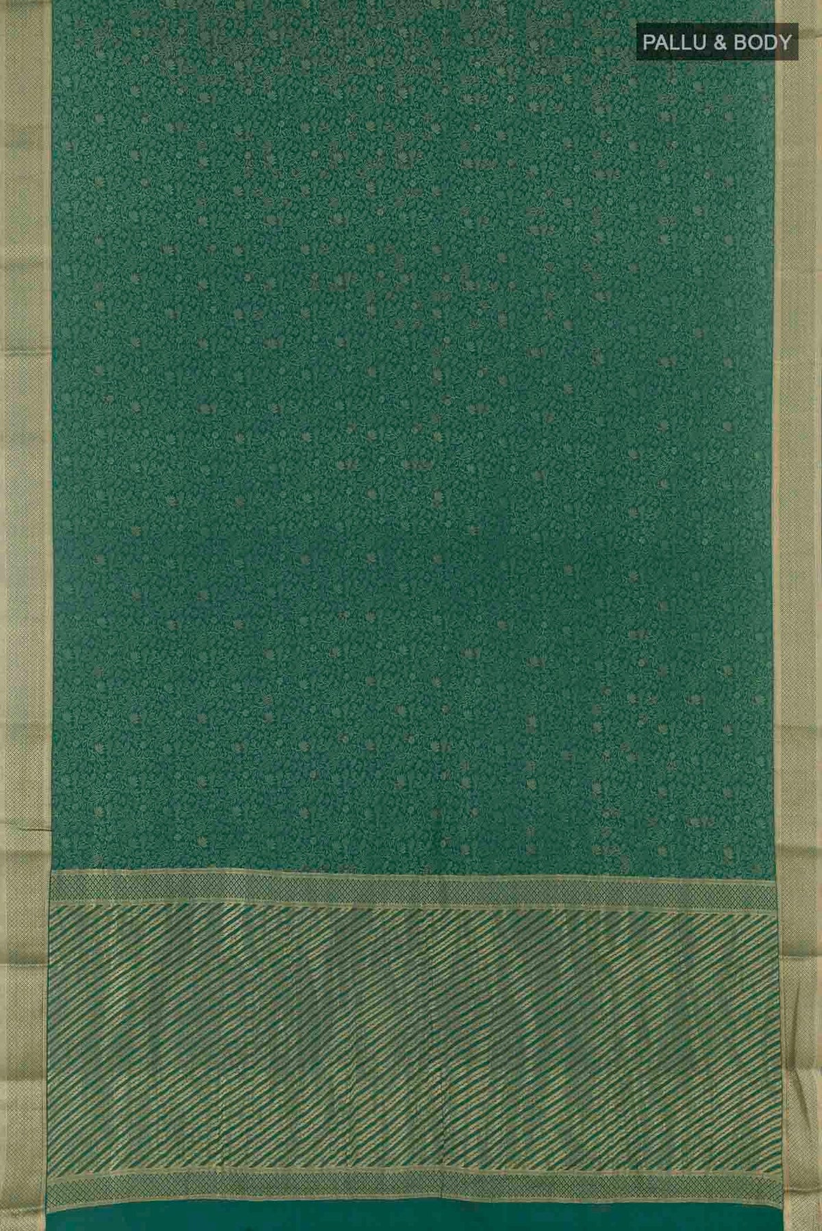 Flat view of Green Mysore Crepe Saree with Zari Brocade on the body and Zari Border