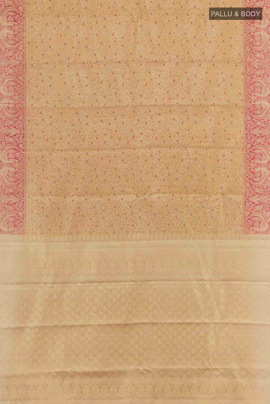 Flat view of Golden Kanchipuram Tissue Silk Saree with Zari Brocade on the body and Zari Border
